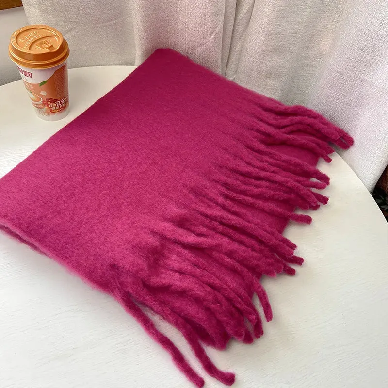 Tassels Scarf Women Thick Warm Simple Fashion Commuting Pure Color Scarf